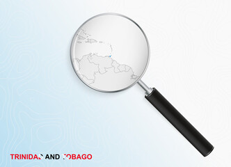 Magnifier with map of Trinidad and Tobago on abstract topographic background.