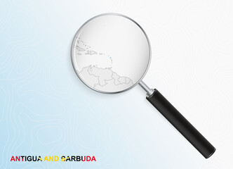 Magnifier with map of Antigua and Barbuda on abstract topographic background.