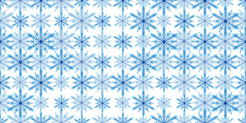 Winter seamless pattern with blue snowflakes on white background. Vector illustration for fabric, textile wallpaper, posters, gift wrapping paper. Christmas vector illustration. Falling snow