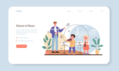 Music school web banner or landing page. Kids playing music instruments