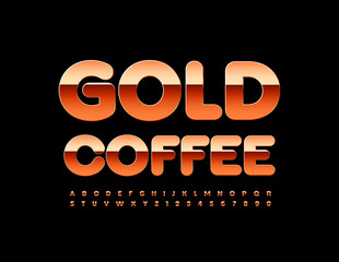 Vector premium emblem Gold Coffee. Metallic bright Font. Glossy Alphabet Letters and Numbers set