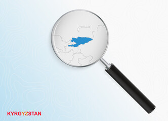 Magnifier with map of Kyrgyzstan on abstract topographic background.