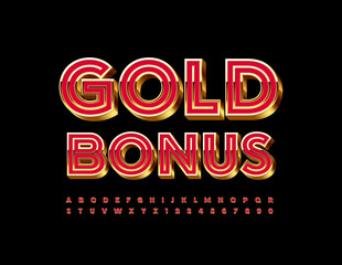 Vector advertising poster Gold Bonus. Bright luxury Font. 3D elite Alphabet Letters and Numbers set