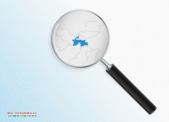 Magnifier with map of Tajikistan on abstract topographic background.