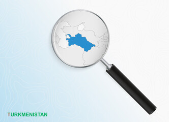 Magnifier with map of Turkmenistan on abstract topographic background.