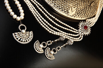 Zircon, Pearl and Silver Jewelry in Indian style hand crafted jewel box