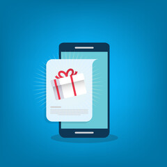 Gift box on smartphone screen. Giveaway concept. Vector illustration
