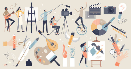 Arts set as professional creative entertainment theme items tiny person concept. Isolated elements with painting, cinematography, photography, music and literature fields symbols vector illustration. - obrazy, fototapety, plakaty