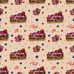 Watercolor hand painted Seamless Pattern with Sweet Cakes, orchid Flowers, Berries on a beige background.