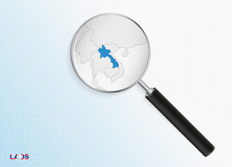 Magnifier with map of Laos on abstract topographic background.
