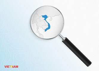 Magnifier with map of Vietnam on abstract topographic background.