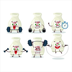 A healthy sake drink cartoon style trying some tools on Fitness center. Vector illustration