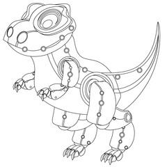 Cute and funny robot dinosaur in steampunk style. Vector coloring book on the theme of robotics on a white background.