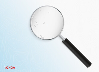 Magnifier with map of Tonga on abstract topographic background.