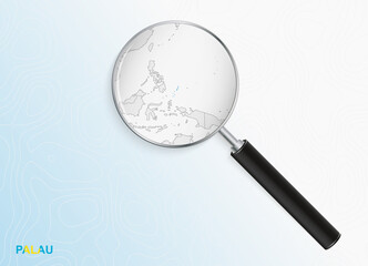 Magnifier with map of Palau on abstract topographic background.