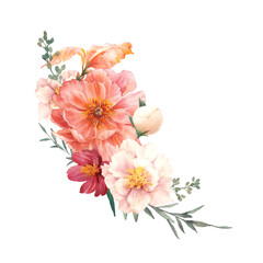 Watercolor peony flowers composition. Floral arrangement illustration isolated on white background - 439528749