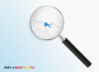 Magnifier with map of Papua New Guinea on abstract topographic background.