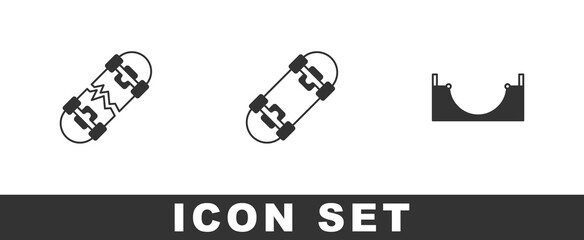 Set Broken skateboard, Skateboard and park icon. Vector