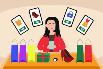 Shopaholic vector concept: Young woman buying many things at online store while using her smartphone