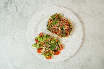 Avocado tofu toast and salad on white background
