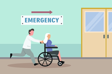 Fototapeta premium Emergency vector concept: Male doctor carrying senior woman to emergency room while using wheelchair 