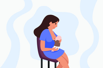 Breastfeeding vector concept: Young mother breastfeeding her baby while sitting on the chair