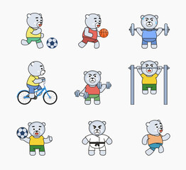 White bear mascot in sport, fitness set. Cute polar bear running, riding bike, playing football, basketball and doing various physical exercises. Vector illustration bundle