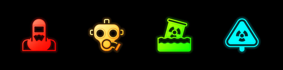 Set Nuclear reactor worker, Gas mask, Radioactive waste in barrel and Triangle with radiation icon. Vector