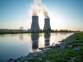 Nuclear power plant against sky by the river at sunset