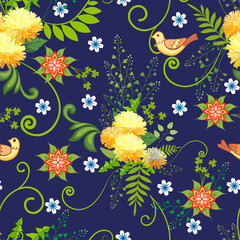 Fototapeta premium Vector illustration of a floral pattern. Wildflowers on a blue background.