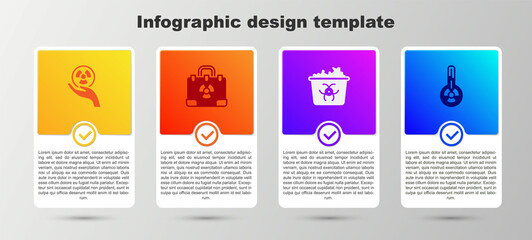 Set Radioactive, Radiation nuclear suitcase, Infectious waste and Meteorology thermometer. Business infographic template. Vector