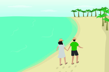 Obraz na płótnie Canvas Traveling vector concept: Young couple enjoying holiday while walking together in the beach