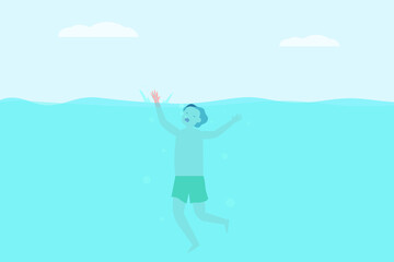 Drowning vector concept: Young man drowning on the sea while feeling panic 