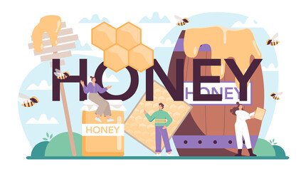 Honey typographic header. Professional hiver or beekeeper gathering honey