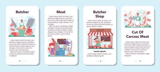 Butcher or meatman mobile application banner set. Fresh meat