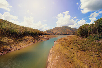 Mountain river stream , cloudy and blue sky landscape in chiangmai Thailand.
