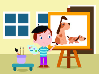 Child painting vector concept. Little boy painting dogs with paintbrush on the canvas at home