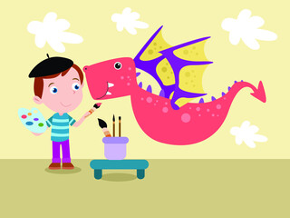 Child painting vector concept. Boy painting dragon with brush on the wall at home