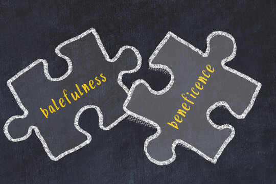Concept of dealing with troubles. Chalk sketch of connecting puzzles with words balefulness and beneficence