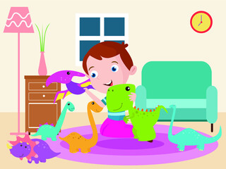Child and dinosaur vector concept. Cheerful little boy playing dinosaur toys in the living room at home