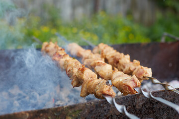 cooking meat on the grill on coals, fried shish kebab on skewers and grill