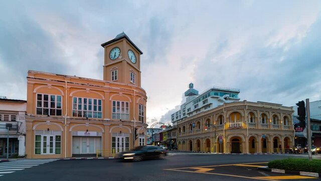 Phuket Thailand. On 10 June, 2021. Time-Lapse Video View of Phuket Old Town. Jam Traffic in sunset time. Time-Lapse Sunset Dan to Night. Clouds fast mover background. 4K Professional High Quality Vide