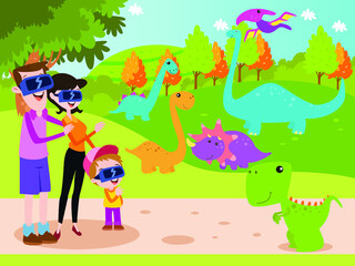 Obraz na płótnie Canvas Family and dinosaur vector concept. Happy family wearing virtual reality glasses and watching dinosaur life at the park