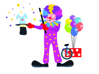 Clown vector concept. Funny clown doing a magic with rabbit in the hat and stick