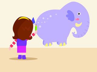 Child painting vector concept. Little girl drawing elephant with crayons on the wall at home