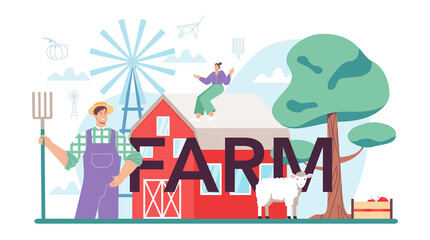 Farm typographic header. Farm worker growing plants and feeding animals.