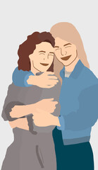Obraz premium Adult lesbian women embracing towards camera with love and appreciation on a white isolated background. Happy pride day 2021.