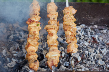 cooking meat on the grill on coals, fried shish kebab on skewers and grill