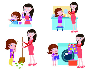 Child activities vector concept. Little girl and her mother doing housework