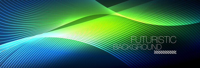 Abstract neon glowing light in the dark with waves. Shiny magic energy and motion concept, vector abstract wallpaper background